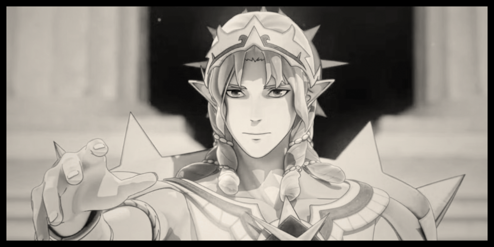 An anime-style man with a crown and pointed ears reaches out towards the screen with a serious expression