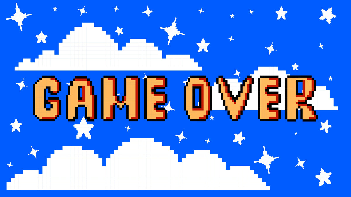 The text GAME OVER with a pixellated blue sky and clouds behind it