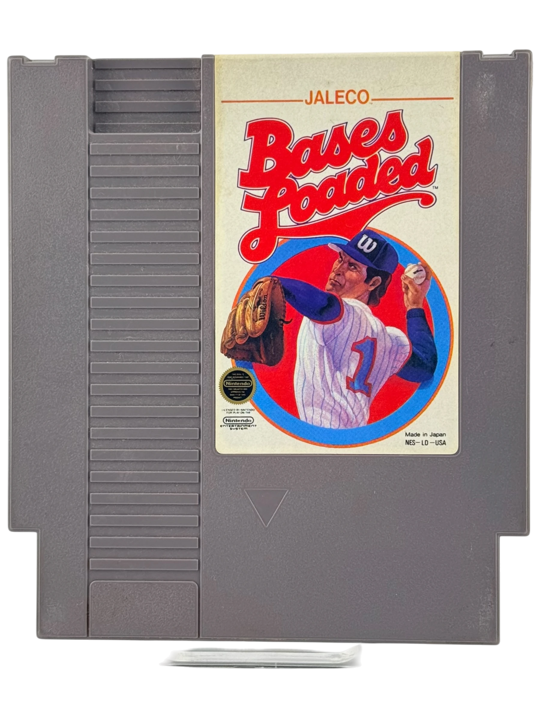 Coolection Bases Loaded NES cartridge featuring a baseball pitcher in a white and blue uniform, ready to throw. Loose game.