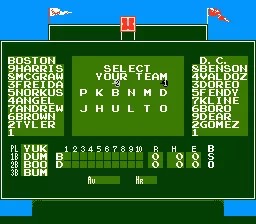 Coolection Bases Loaded NES game cartridge screen showing team select menu with player names and stats.