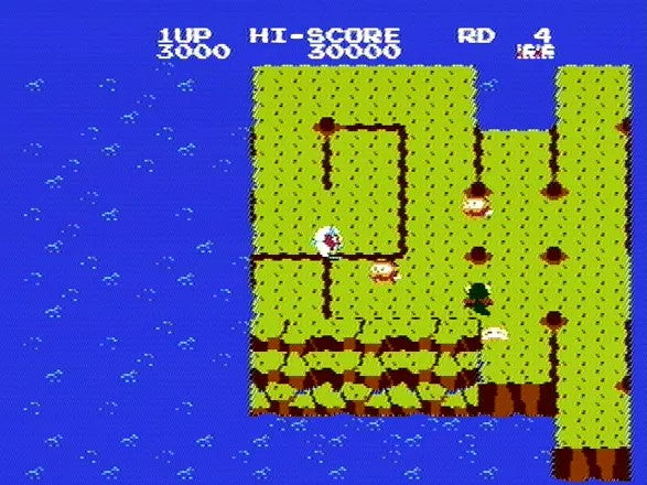Coolection Dig Dug II: Trouble in Paradise NES cartridge gameplay screenshot. Features pixelated green land, blue water, and characters.