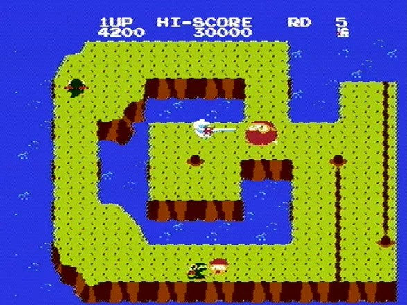Coolection Dig Dug II: Trouble in Paradise NES game screenshot. Features pixelated green island terrain with blue water, enemies, and player character.
