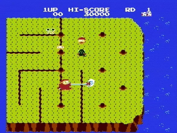 Coolection Dig Dug II Trouble in Paradise NES gameplay screenshot. Player character uses a jackhammer on a green island surrounded by blue water.