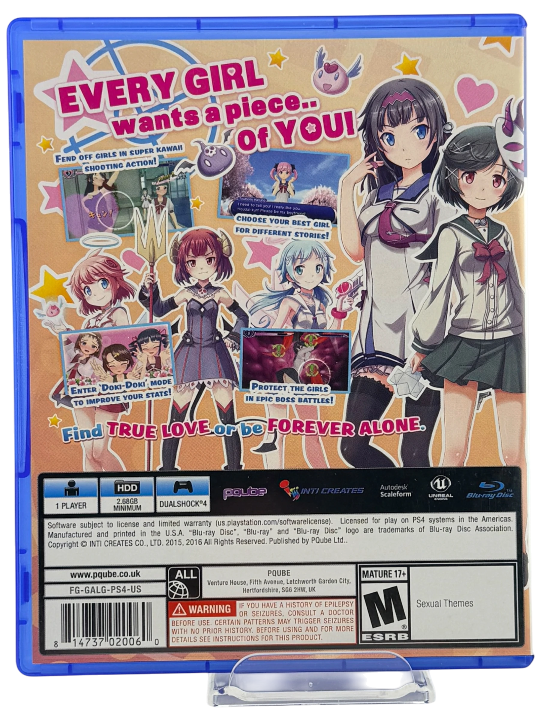 GalGun: Double Peace PlayStation 4 game case back cover featuring anime-style characters and gameplay screenshots. Includes ESRB rating M for Mature.