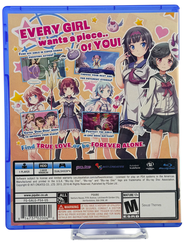 GalGun: Double Peace PlayStation 4 game case back cover featuring anime-style characters and gameplay screenshots. Includes ESRB rating M for Mature.