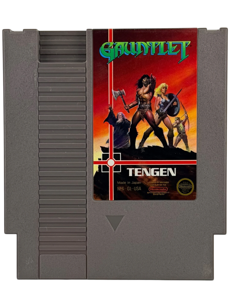 Gauntlet NES cartridge by Coolection. Features classic Tengen label art with four heroes: Warrior, Valkyrie, Wizard, Elf. Loose copy.