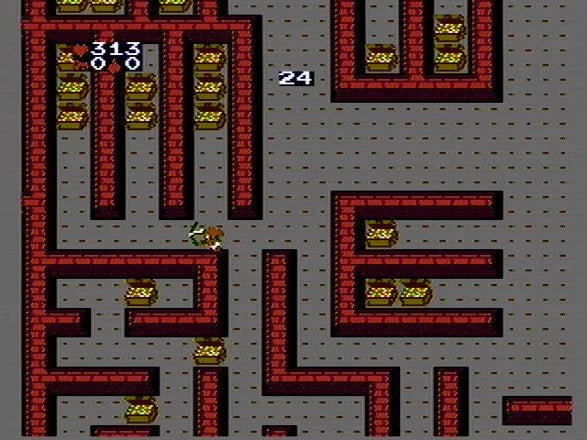 Gauntlet NES video game screenshot showing a maze with red brick walls, gold chests, and a character navigating the dungeon.