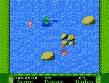 Coolection's Muppet Adventure Chaos at the Carnival NES game cartridge. Kermit the Frog in a kayak navigates a blue river with rocks and obstacles.