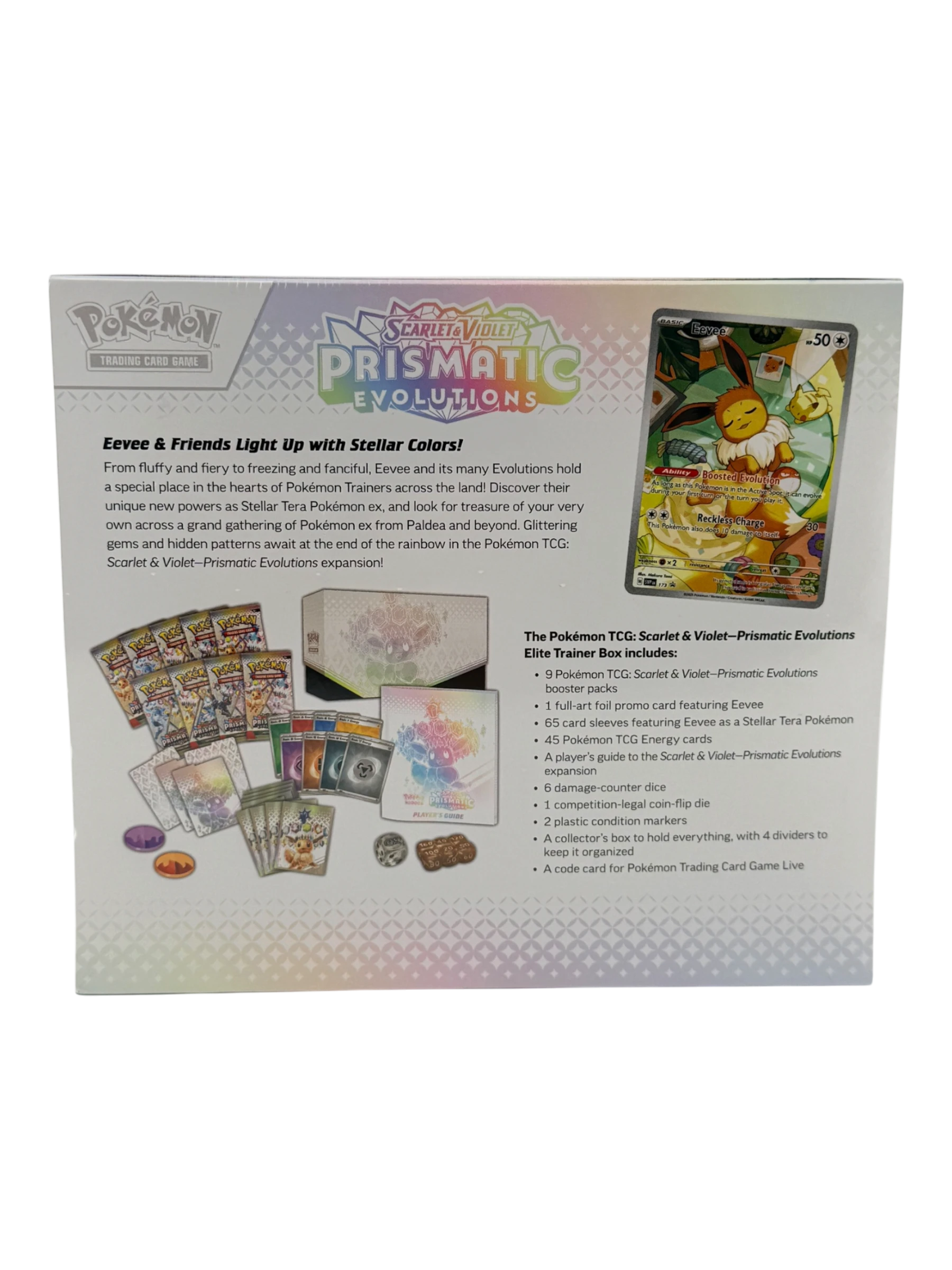 Coolection Pokémon TCG: Scarlet & Violet Prismatic Evolutions Elite Trainer Box, sealed with Eevee promo card and booster packs.