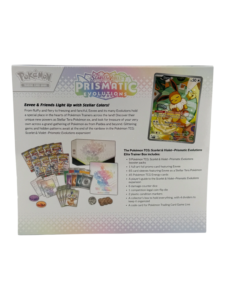 Coolection Pokémon TCG: Scarlet & Violet Prismatic Evolutions Elite Trainer Box, sealed with Eevee promo card and booster packs.