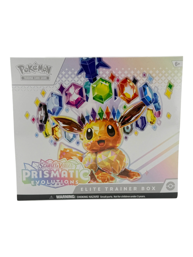 Coolection Prismatic Evolutions Elite Trainer Box featuring Eevee surrounded by colorful gems. Pokémon TCG.