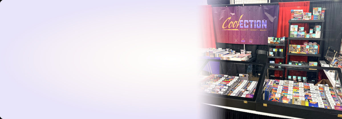 The Coolection booth at a convention — banner, shelves of sealed product and glass cases of games